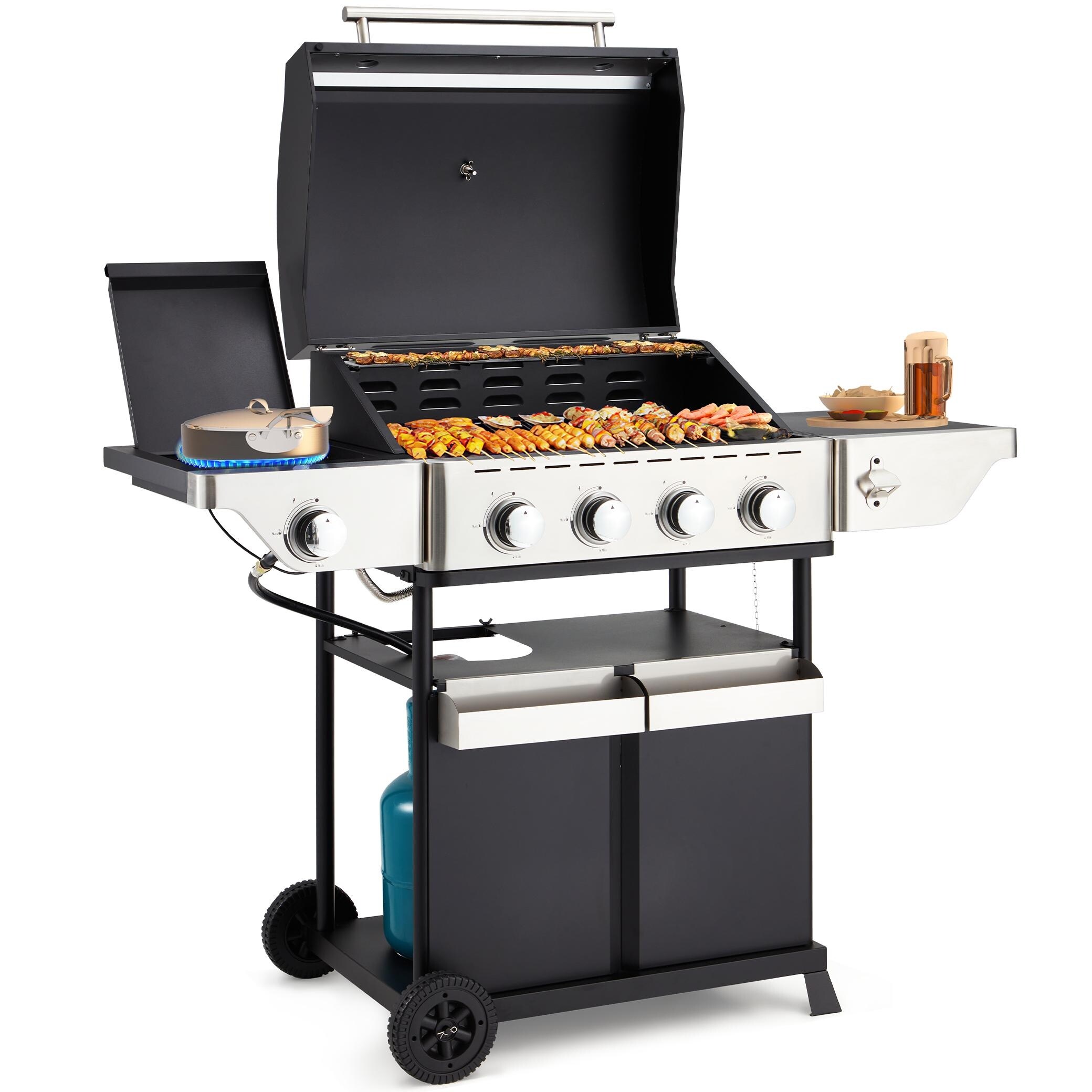 Outdoor Burner BBQ Propane Gas Grill 58000 BTUs Stainless Steel Patio Barbecue Grill with Stove and Side Table White